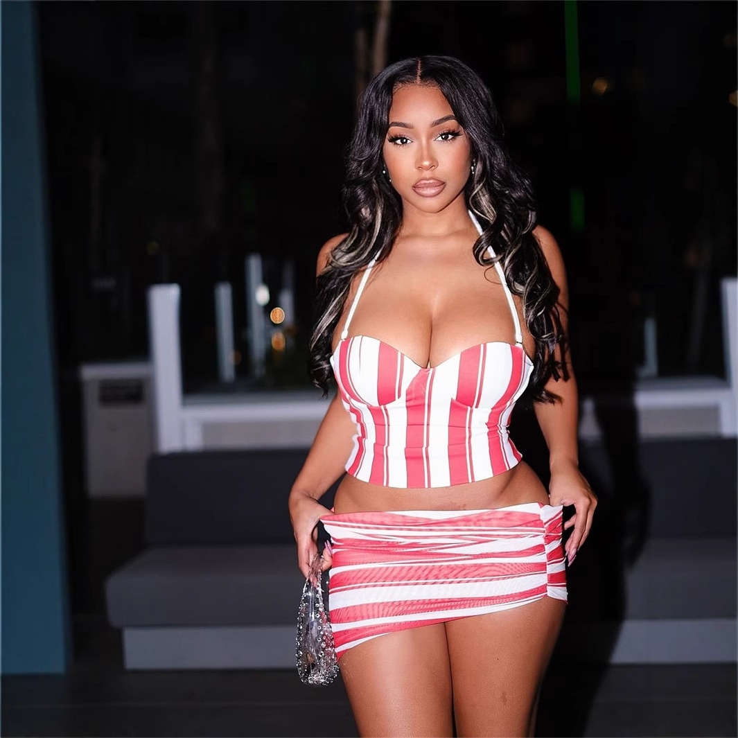 2025S Designer Women S Set New Fashionable Slimming Sexy Stripe Printed Hanging Neck Tank Top Hip Wrapping Short Skirt Set