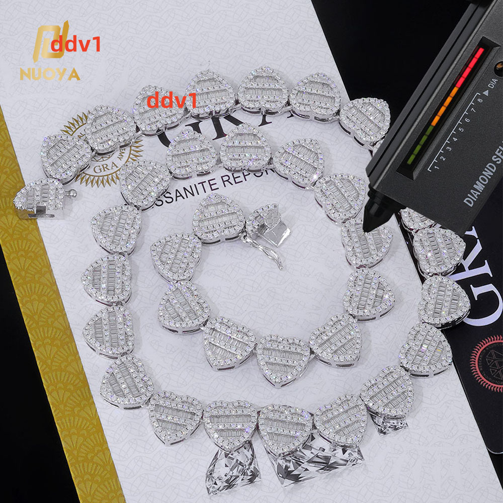 NUOYA 12mm Iced Out Baguette Moissanite Clustered Tennis Chain 925 Sterling Silver Heart Shape Tennis Chain Necklace for Women