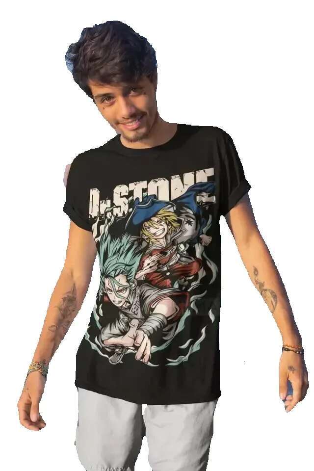 Dr. Stone Suika Senku Ishigami Taiju Oki Ryusui Black Gift Shirt 2025SS Anime Casual Extra Large Cotton T-shirt