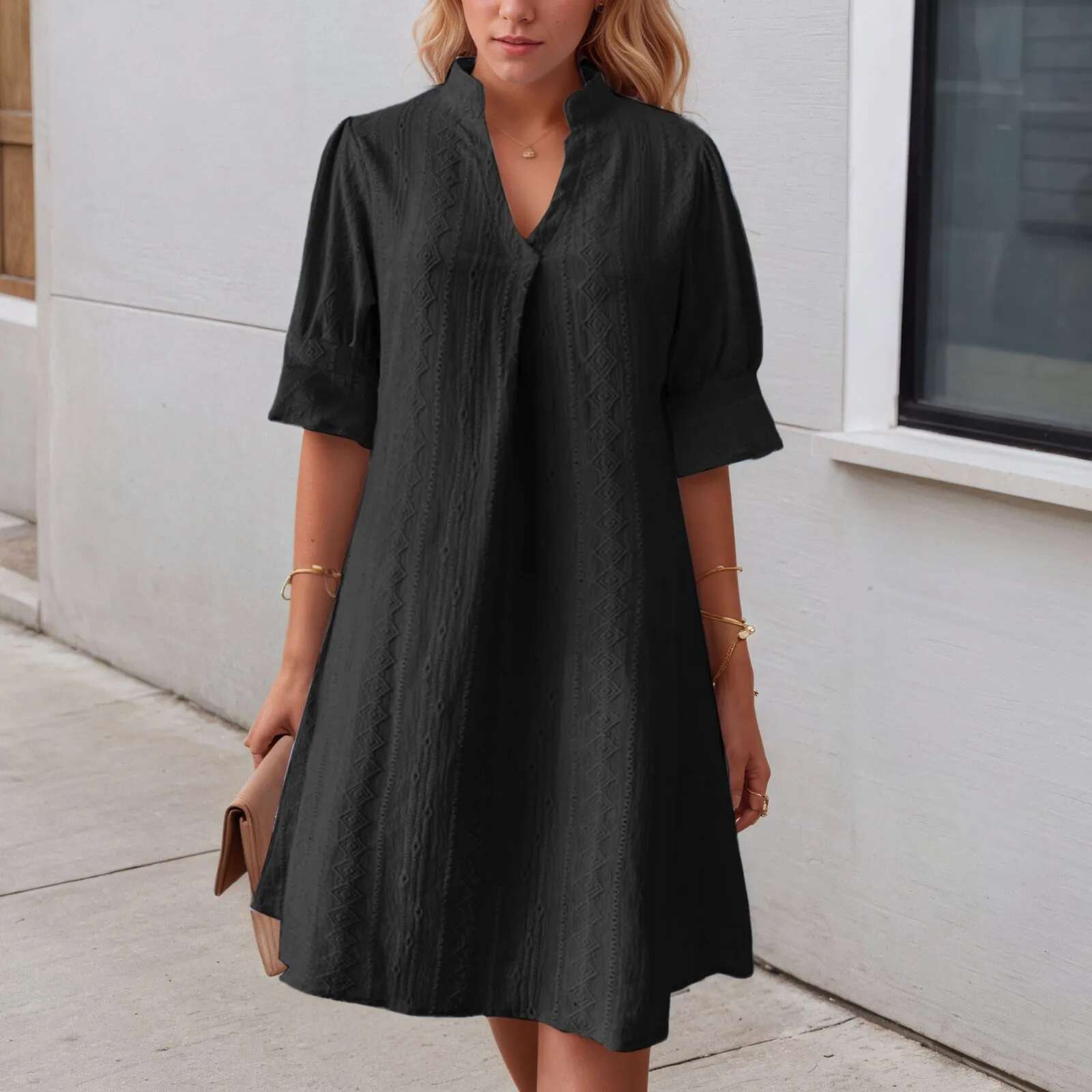 Dongdumaoyi Women Casual Dress Solid Color Jacquard Sleeveless V Neck Loose Half Sleeve Fit Short Vacation Sundress Summer