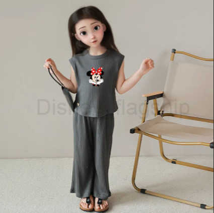 Disney 2025 Summer New Baby Girl Ice Silk Sleeveless Set Fashionable and Stylish Cute Cartoon Two Piece Set for Small and Medium sized ChildrenXJ25040