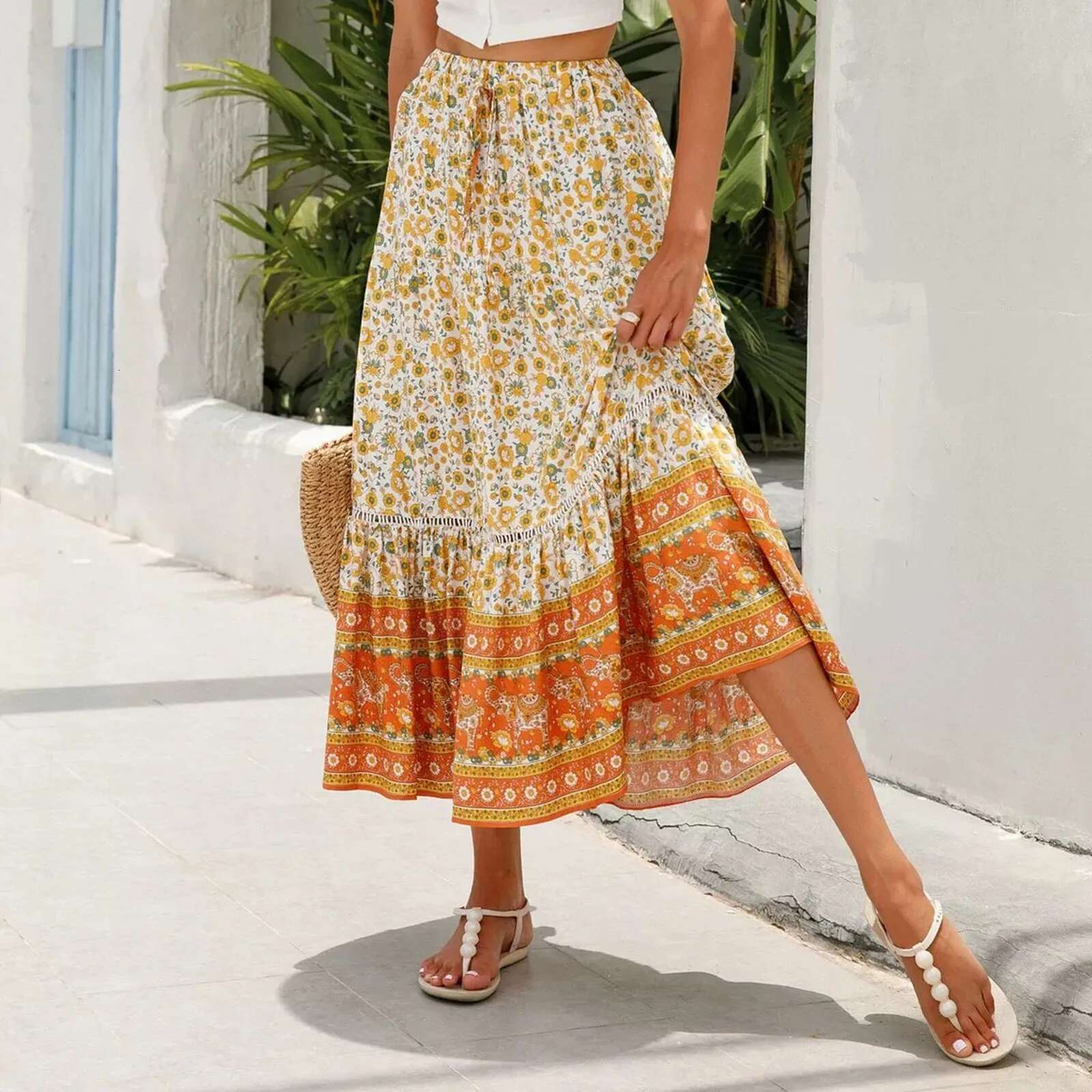 Dongdumaoyi Boho Retro Floral Print Skirts Women Summer High Waist A Line Pleated Long Casual Holiday Beach Skirt Female