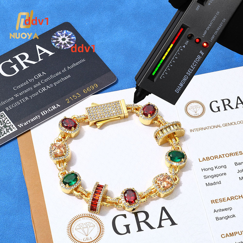 NUOYA 15mm New Arrival Hip Hop Bracelet 925 Silver Platinum Geometric Chain Colorful VVS Moissanite Jewelry