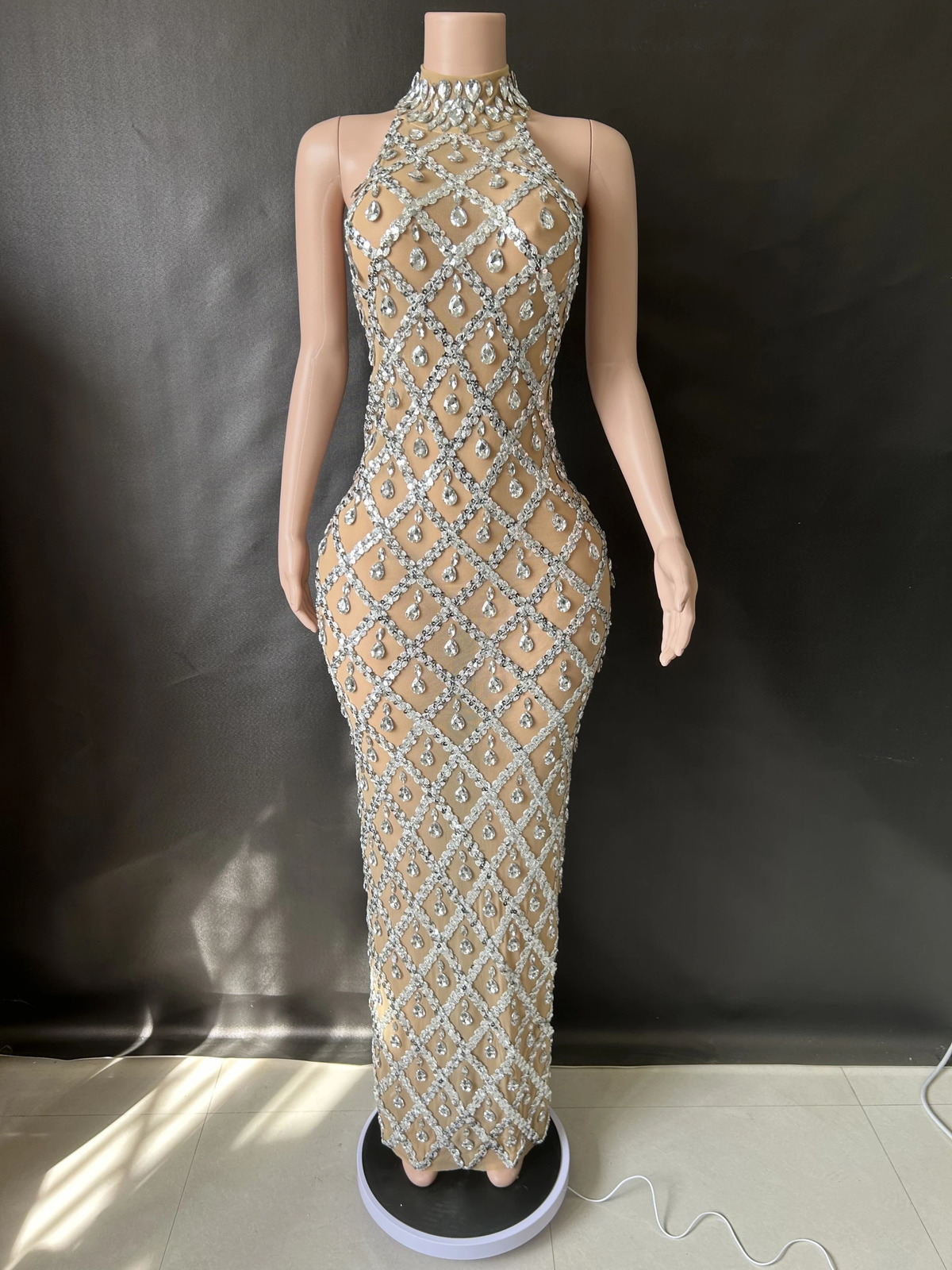 Womens sexy stage sparkling rhinestone sequin dress evening dance party birthday transparent performance singer club host 7G 250409