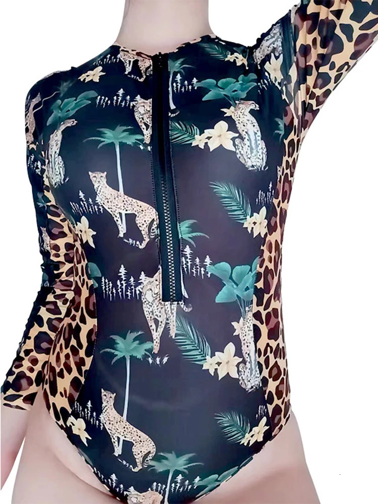 OIINAA onepiece swimsuit womens zipper plant print long sleeved beachwear summer fashion 250409