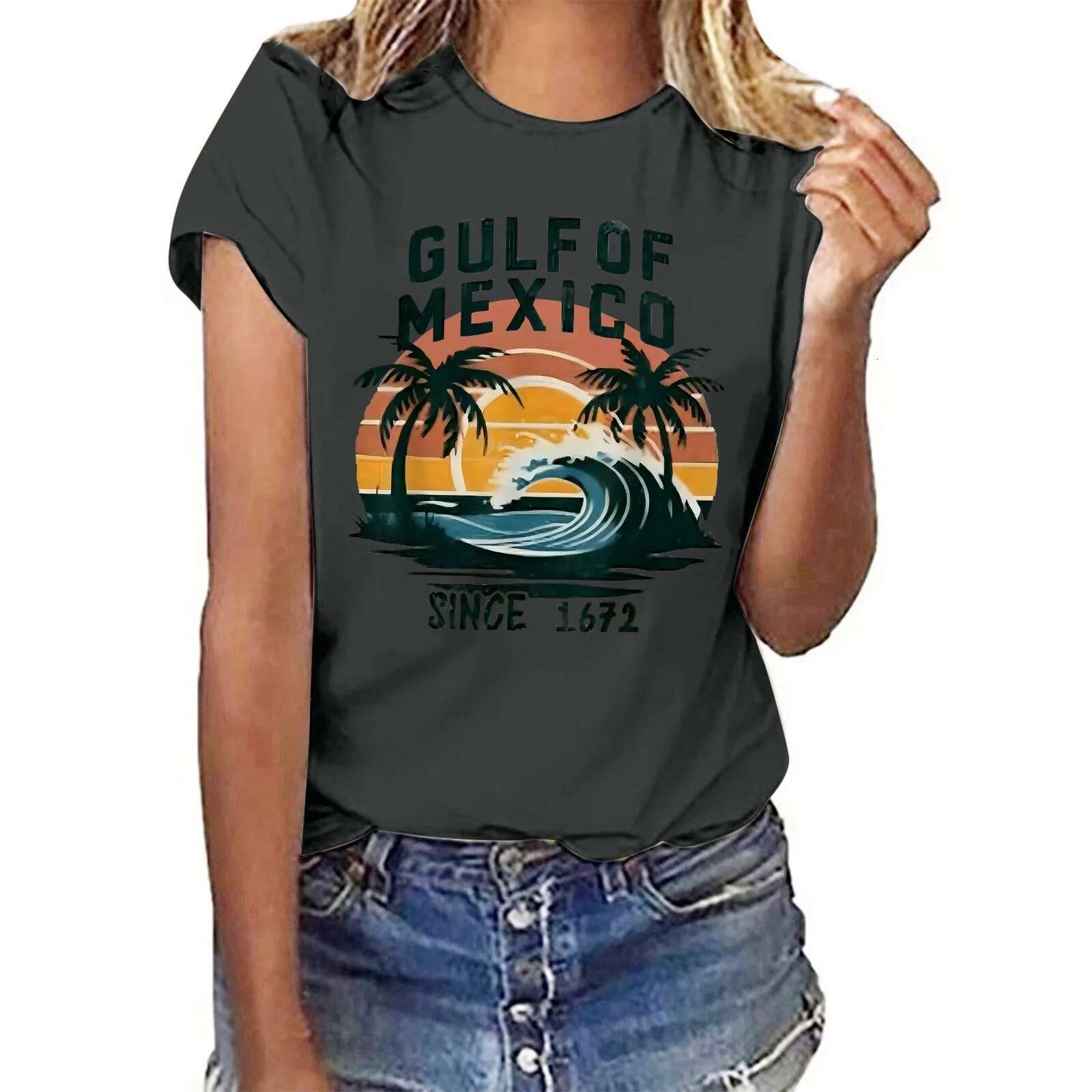 Dongdumaoyi Gulf Of Mexico Since T Shirt For Women S Letter Print Crew Neck Short Sleeve Tee Tops Female Clothes Shirt