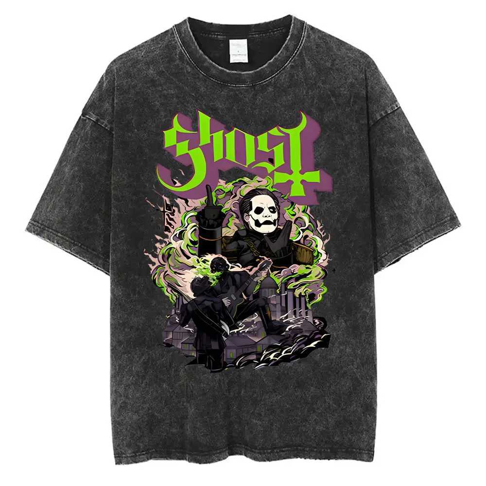 Washed Vintage Ghost Band T-shirt Mens Summer Oversized T-shirt Mens 90s Gothic Street Clothing Mens Rock Metal Music T-shirtXJ250409