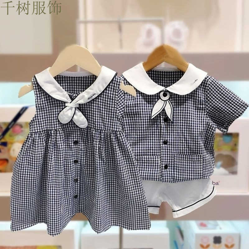 Korean version brother and sister checkered outfit summer mens treasure shirt twopiece set womens treasure dress new brother and sister checkered outf