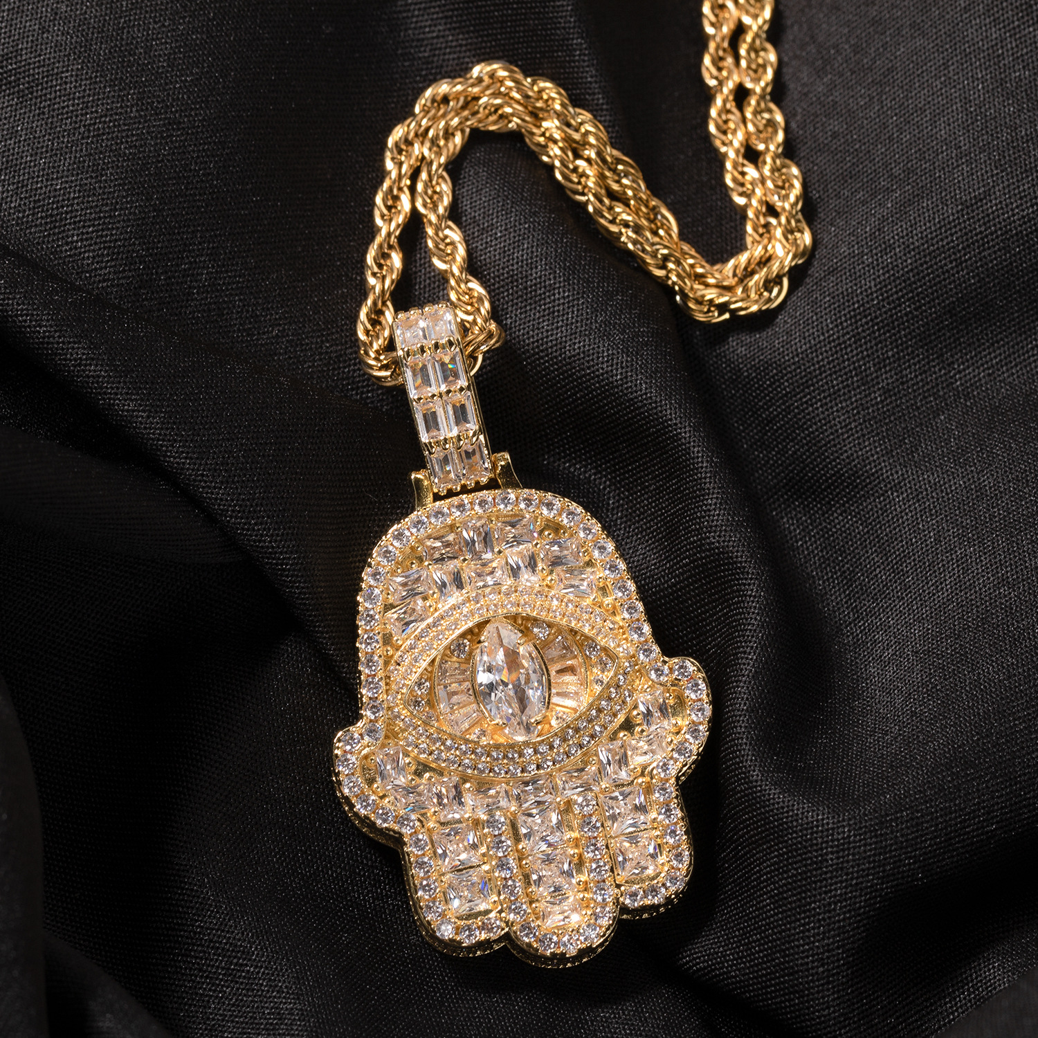 Hip Hop Eye Hand Pendant Necklace 5A Zircon 18k Gold Plated Men Women Jewelry