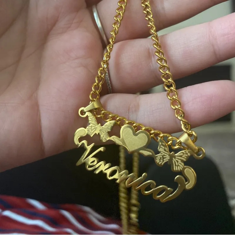 Custom Removable Cartoon Character Name Pendant Gold Color Stainless Steel Heart Nameplate Necklaces For Women Girl Kids 250409