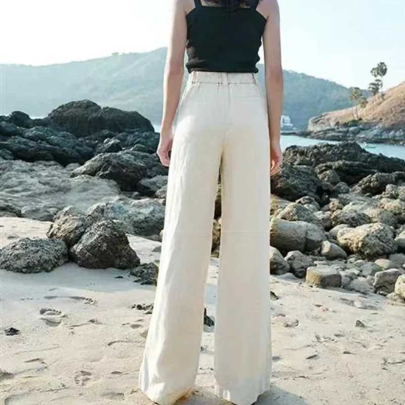 Summer Pocket Cotton Linen Pants Womens Ele High Waist White Wide Leg Pants Womens Casual Loose Straight Full Set PantsXJ250403