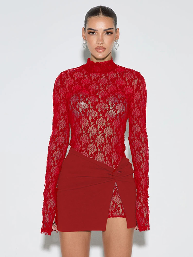Nibber Lace 2 Piece Set Women Sexy See Through Turtleneck Jacquard Patchwork DressCross Knot Ruched Slits Skirts Hipster Suits 250408