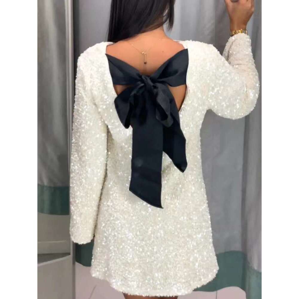 Autumn Winter New 2025 Women's Round Neck Style Long Sleeve Loose Plus Size Sexy Sequin Short maxi Night club dress