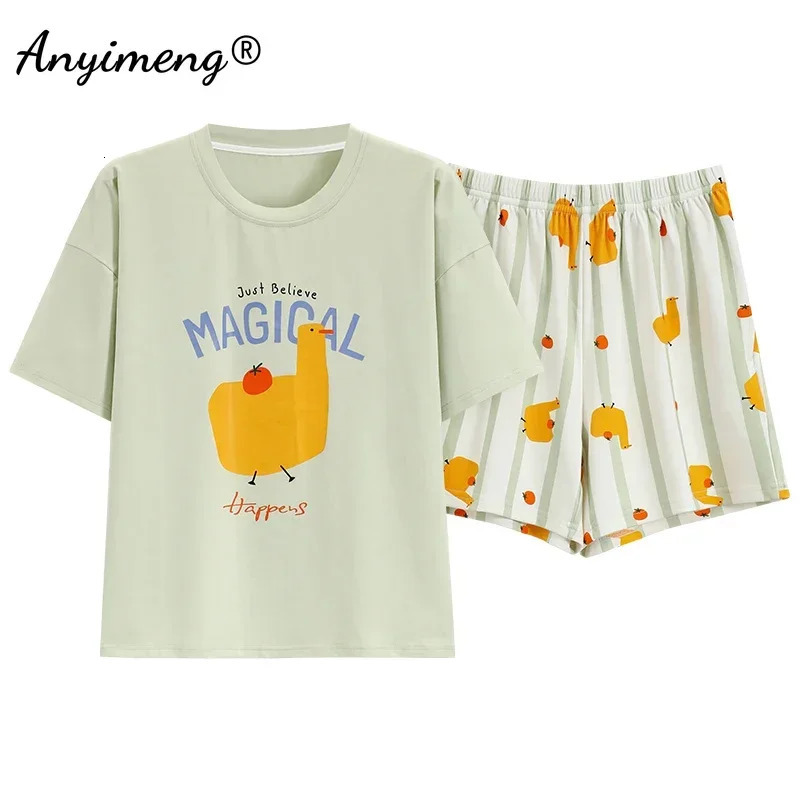 M4XL 100% pure cotton womens pajamas summer cartoon printed plus size short sleeved casual wear 250409