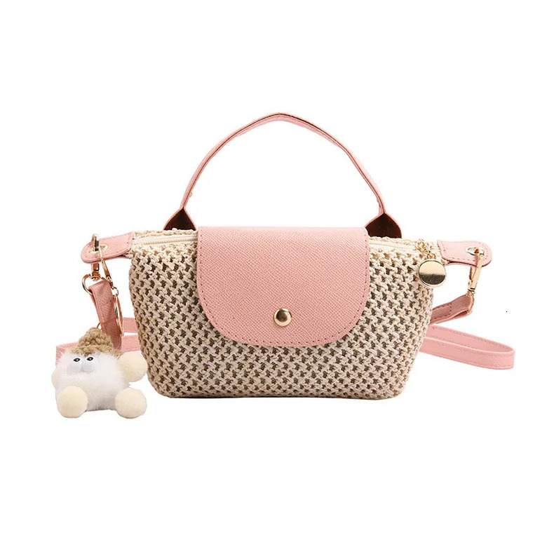 Luxury Brand Designer 2025 Summer New Ins-Style Niche Spliced Woven Bag, Pom-Pom Decor Beach Vacation Mini Handheld Straw Dumpling Women's Bag