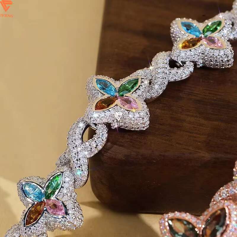 New 15mm Marquise Flower Design Hip Hop Jewelry Iced Out Unisex Moissanite Cuban Link Chain 925 Silver Moissanite Bracelet