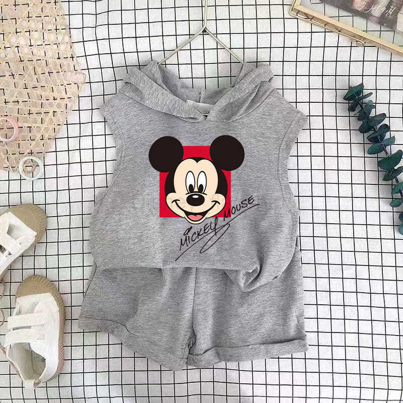 Disney Childrens set girls shorts two-piece set boys hooded vest babys summer clothes childrens clothing Korean version childrens clothingXJ250409