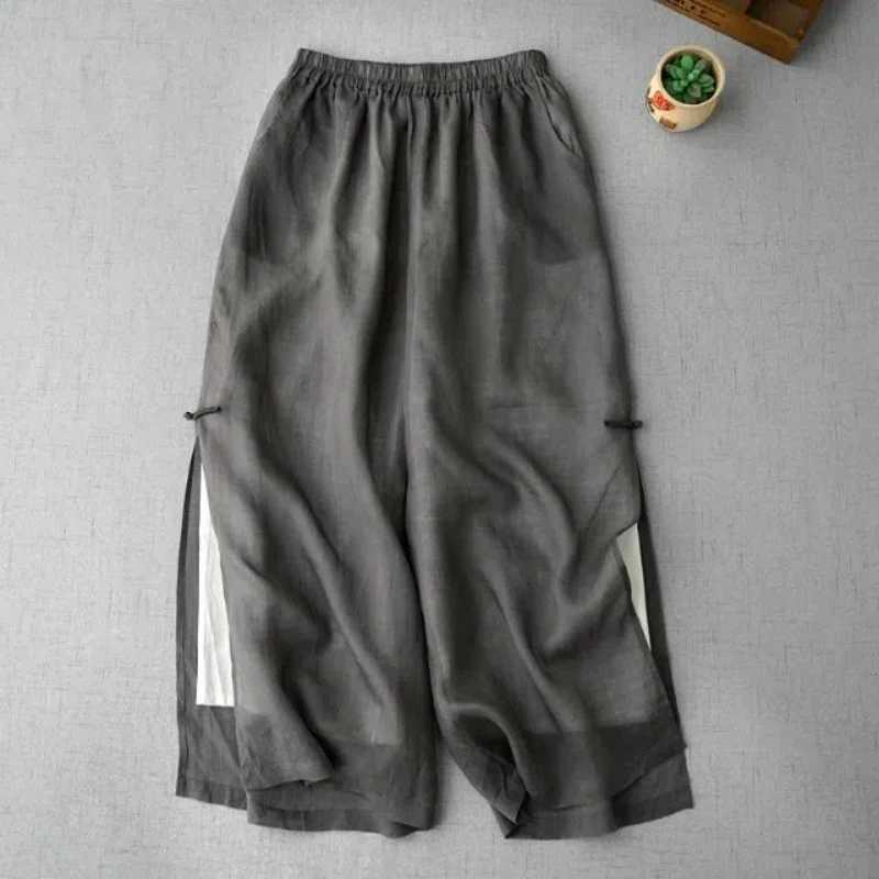 Summer Solid Color Fashion Elastic Waist Fashion Wide Leg Trouser Womens High Street Retro Thin Button All match PantsXJ250403