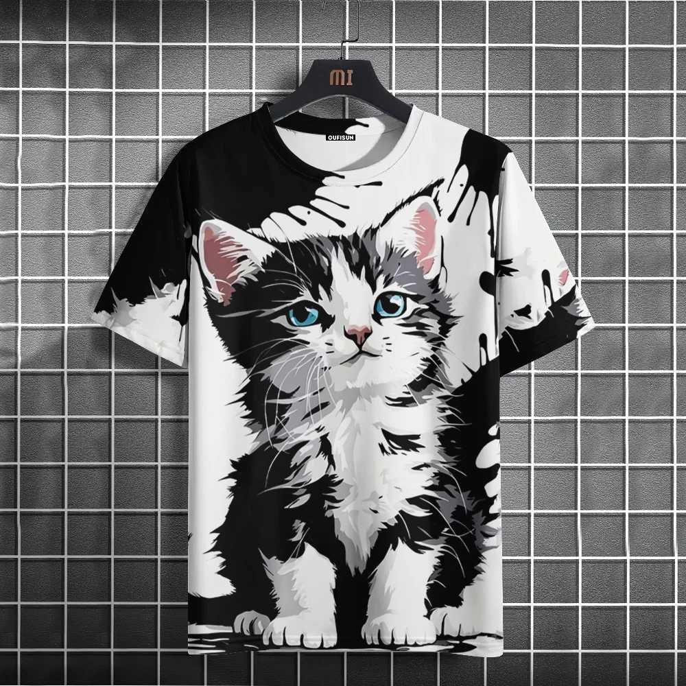 Cartoon animal mens T-shirt cute cat pattern printed T-shirt casual loose short sleeved T-shirt oversized mens clothing top summerXJ250409