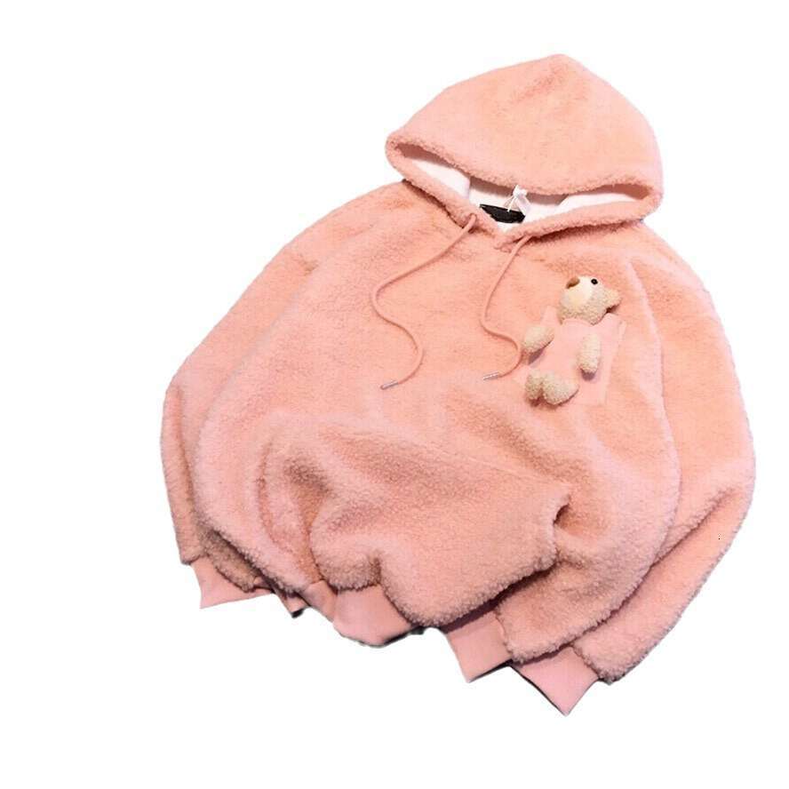 23 Autumn/Winter Women's Cute Pocket Teddy Bear Lamb Fleece Korean Loose Straight Hoodie