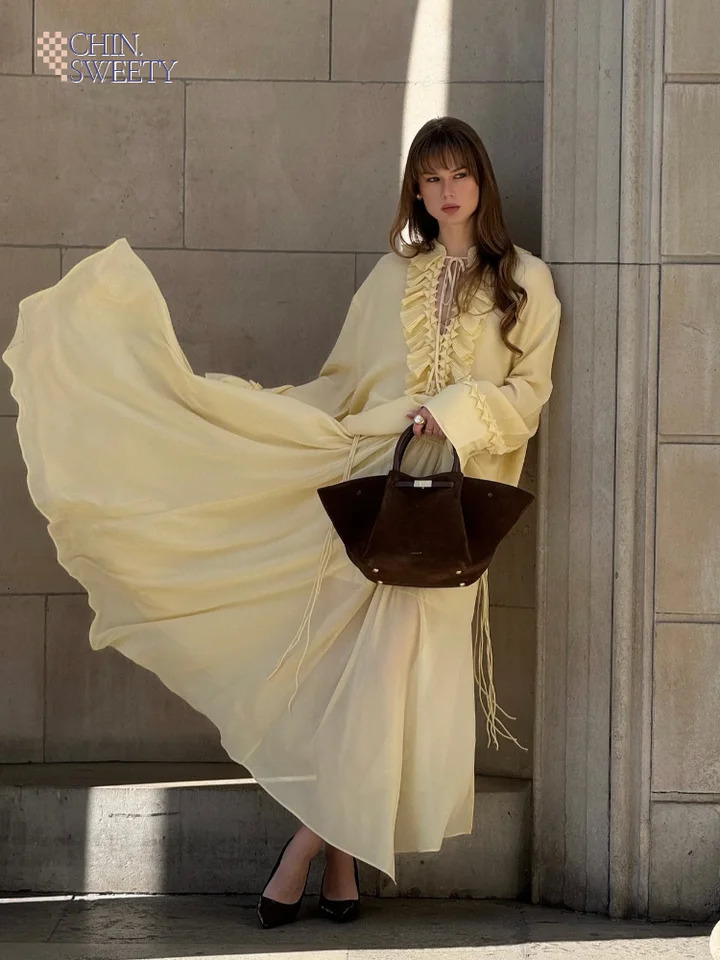 Summer Yellow Tight Clothing Set Fashionable Womens Vneck Lace Top Ruffle Maxi Dress Loose Long Sleeve 2piece 250409