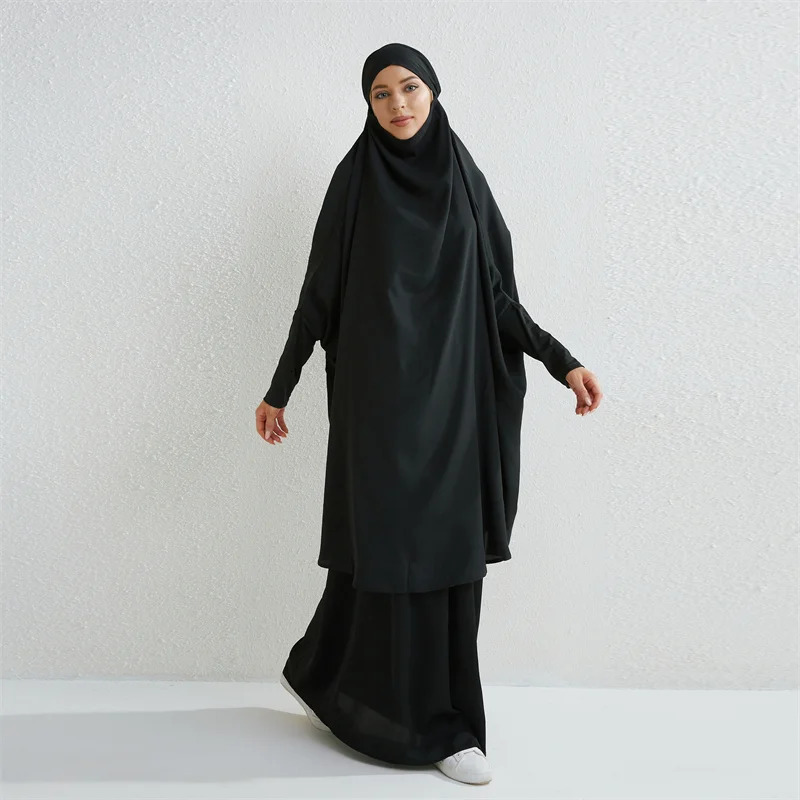 Muslim Set Two Piece Prayer Dress Long Hooded Smoking Sleeve Headscarf Loose Skirt Elastic Waist Womens Abaya 250409