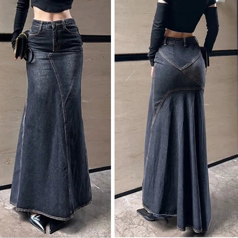 Maxi Skirt Women Casual Mermaid Streatwear High Waist Zipper Denim Skirts Y2k Streetwear Loose Long Mom Jeans Ankle Lenth Summer 250408