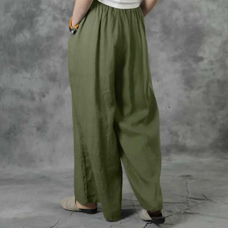 Summer loose fit casual wide leg pants solid color cotton linen elastic waist pants for women street Drstring TrousersXJ250403