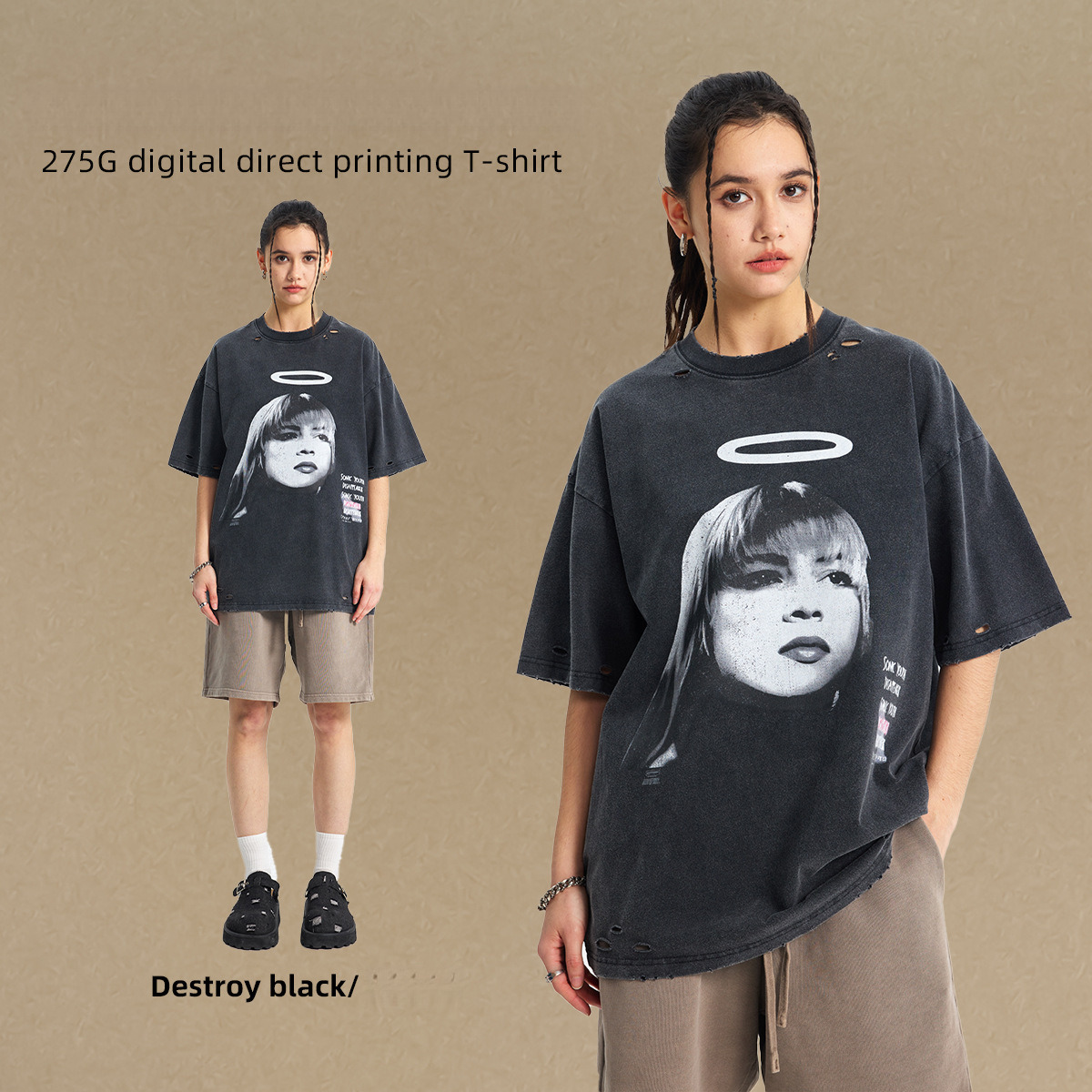 2025 Summer New Product Washing Destruction Direct Spray Printed Short Sleeve Street Dark Leisure Loose T-shirt Men