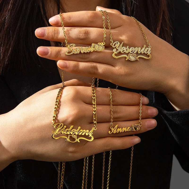 365 Multiple Personalized Name Necklace Cute Cat Shaped Custom Name Rhinestones Nameplate For Women Girls Jewelry Birthday Gifts 250409