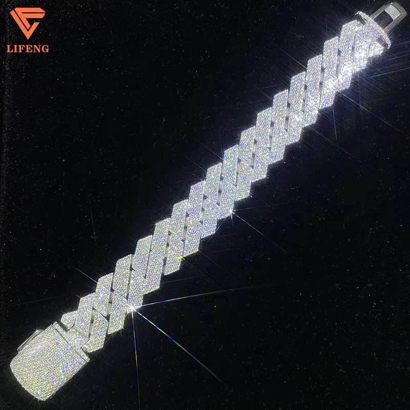Lifeng Jewelry 20mm 4rows VVS Moissanite Cuban Link Chain Bracelet Sterling SIlver Diamond Hiphop Moissanite Cuban Chain for Men