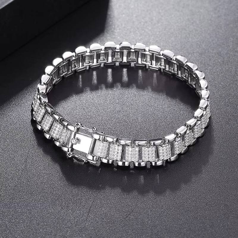 QYT Jewelry S925 Sterling Silver Moissanite Watch Chain Bracelet Men and Women Couple Diamond Cross-border Bracelet