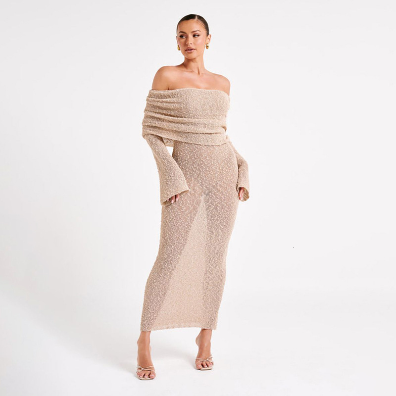 Feng 2023 New Autumn Fashion Sequins One Line Neck Sexy Open Back Perspective High Waist Slim Fit Dress