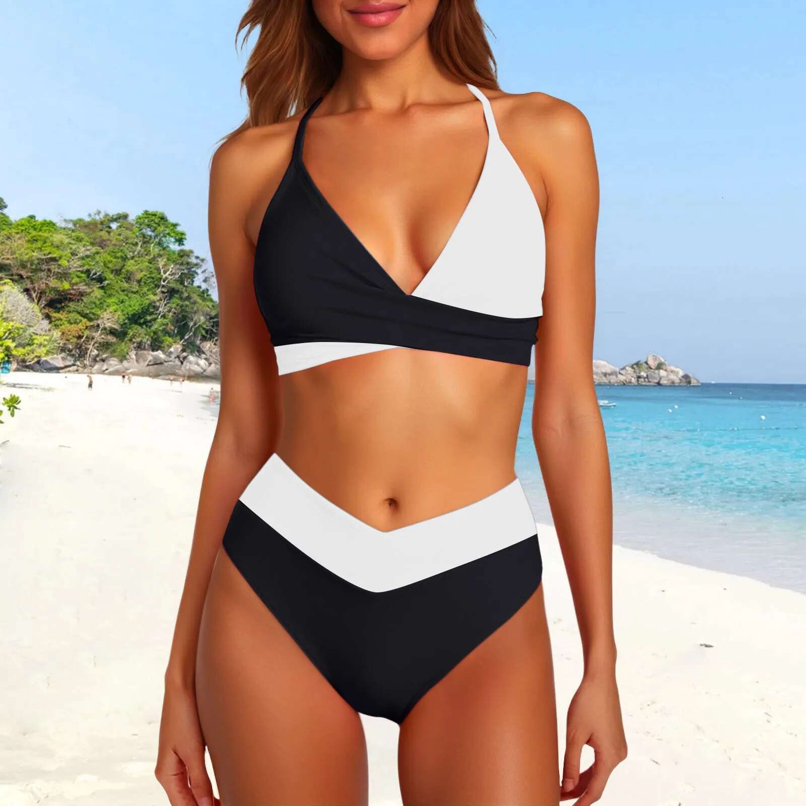 Dongdumaoyi Sexy Solid Patchwork Bikini High Waist Push Up Swimsuit Women Halter Backless Swimwear Beach Summer Bathing Suit