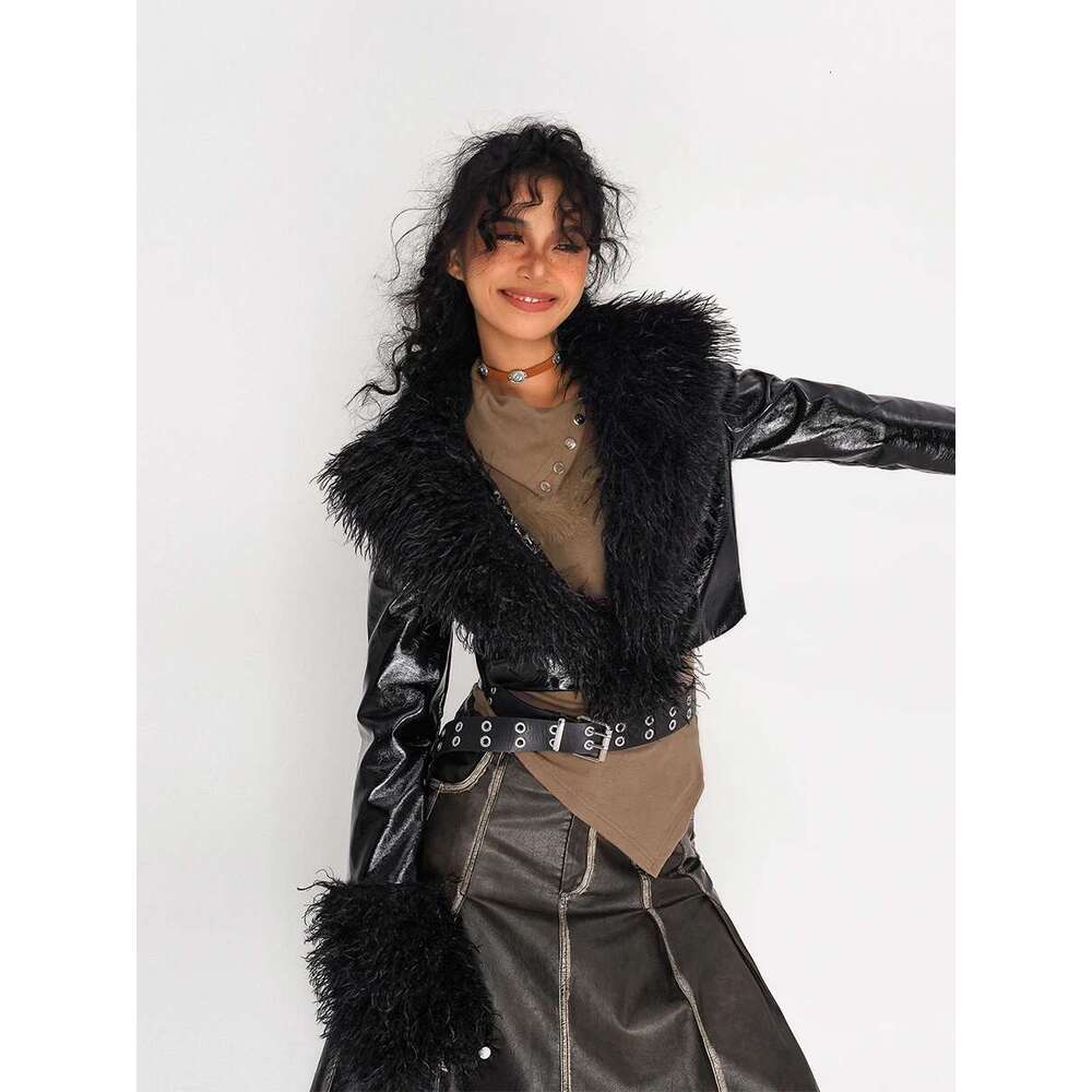 Autumn Winter Women Gothic Patchwork Faux Leather Cropped Jacket Haruku Grunge Y2k Streetwear Designer Coat Baddie Tide