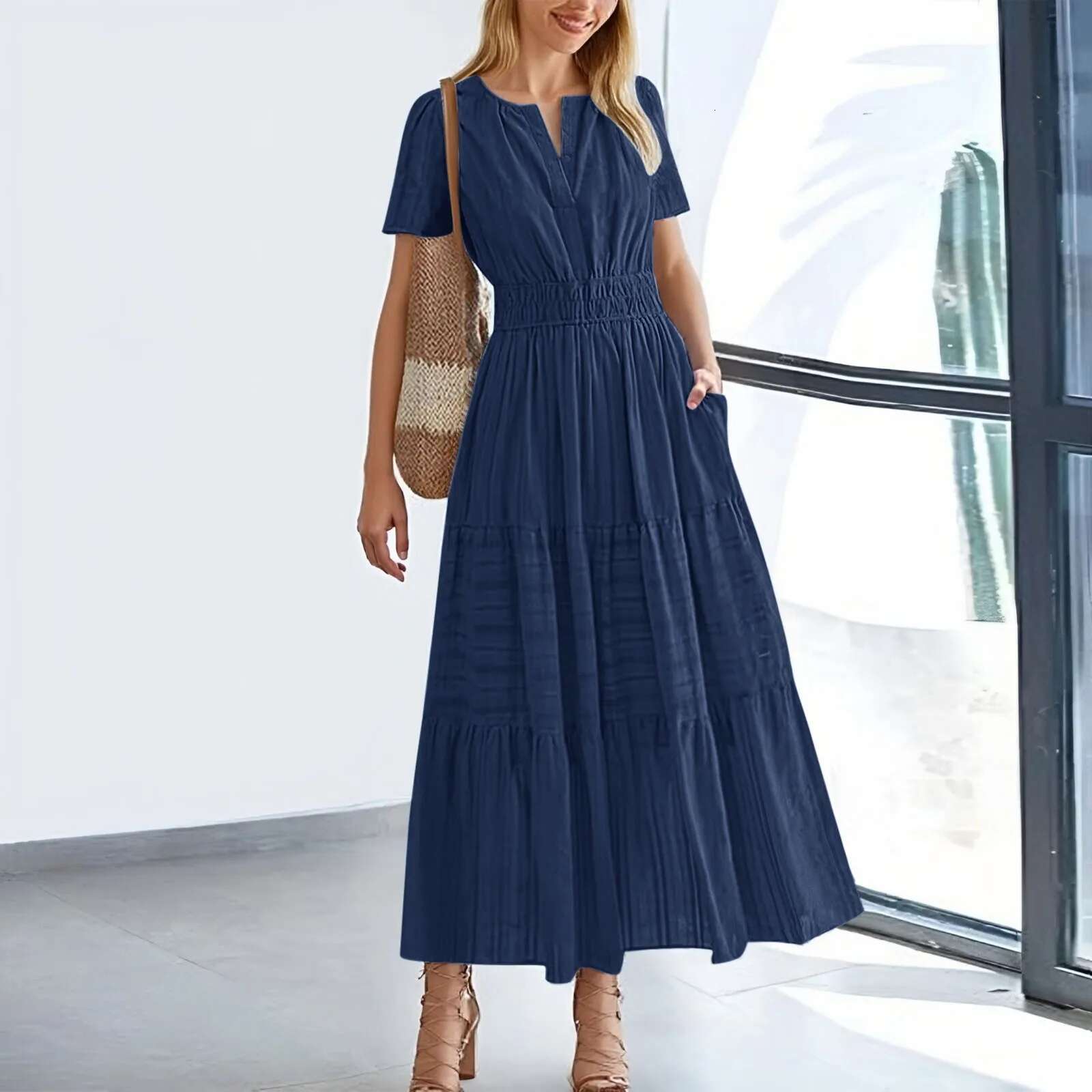 Dongdumaoyi New Dress Women S Summer Casual Midi Maxi Lightweight Short Sleeve V Neck Dresses Elastic Waist Bohemian Beach