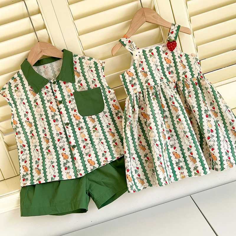 Sisters and Brothers Summer Apparel 1-8Y Vacation Style Boys Shirt Shorts 2PCS Girls Cartoon Print with Dress Childrens Clothing S2548