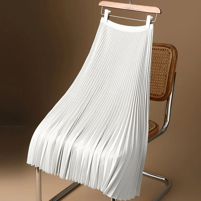 Women Vintage Midi Skirt Wide Elastic Waistband High Waist Pleated A-Line Skirt Summer Solid Color Smooth Satin Long Skirts 250409