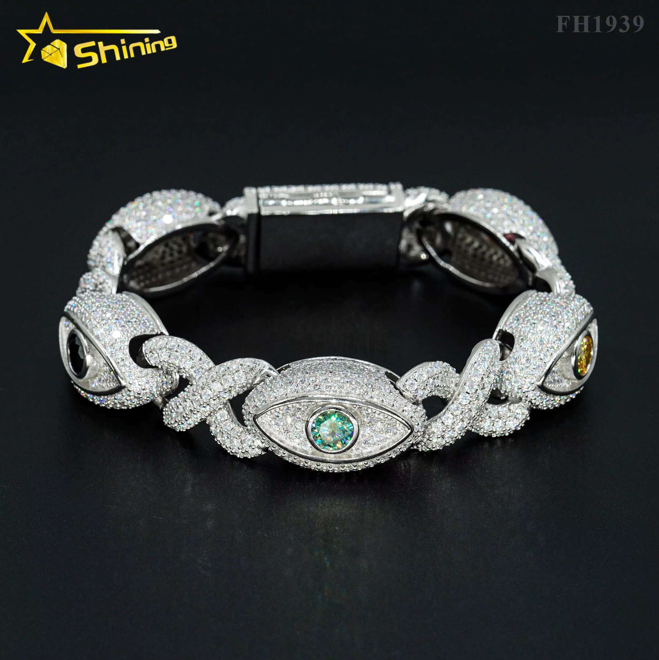 Hip Hop New Design 925 Silver 15MM Eye Evil Color Diamond Cuban Link Chain Iced Out Moissanite Cuban Bracelet
