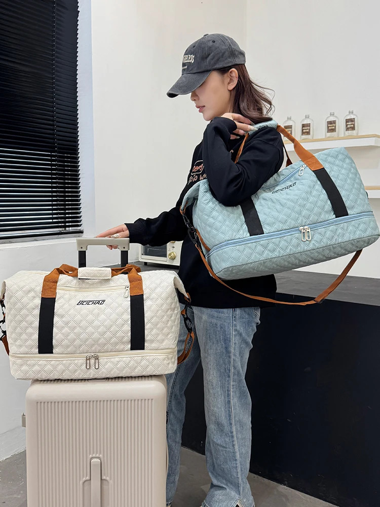 Nylon travel luggage bag with shoe accessories large capacity Argyle pattern casual weekend storage for overnight gym use 250408