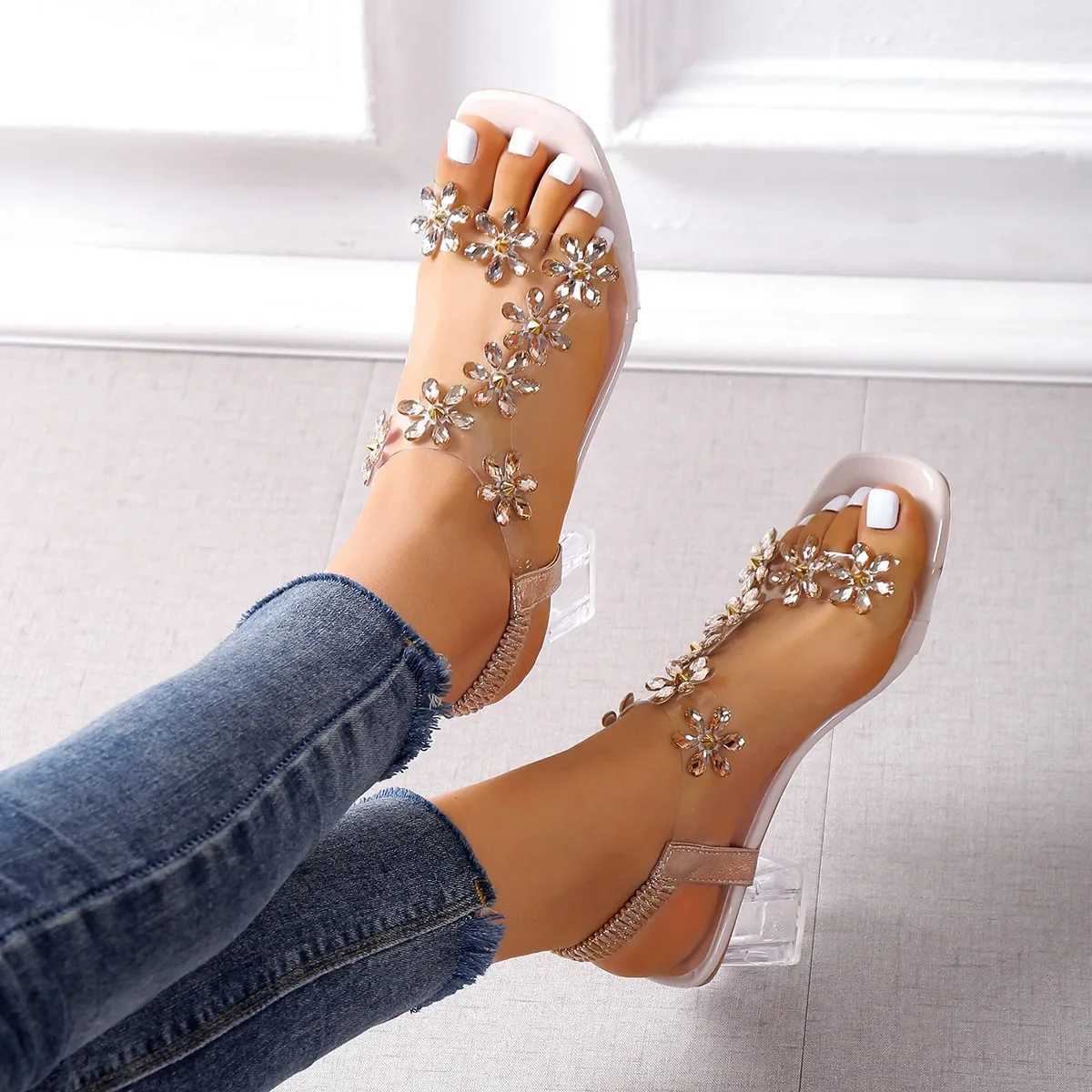New Arrival woman; Womens PVC Crystal Flower Shoes Decorative Short and Fat High Heel Sandals Womens Strap Fashion Shoes T250409