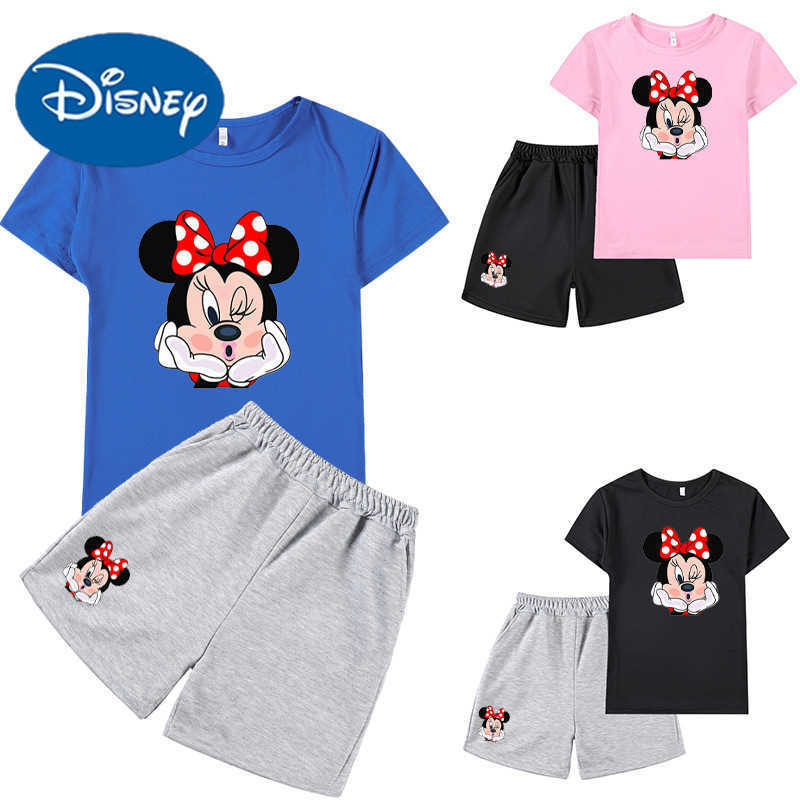 Disney Mickey Mouse Cartoon Pattern Printed Short Sleeve T-shirt+Shorts Set for Boys and Girls Middle and Large SizedXJ250409