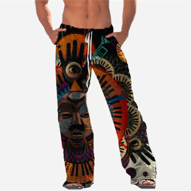 Summer Mens Retro Elements Casual Wide-leg Pants 3D Printed Hawaiian Baggy Beach Pants Fashion Wide-leg Pants 250408