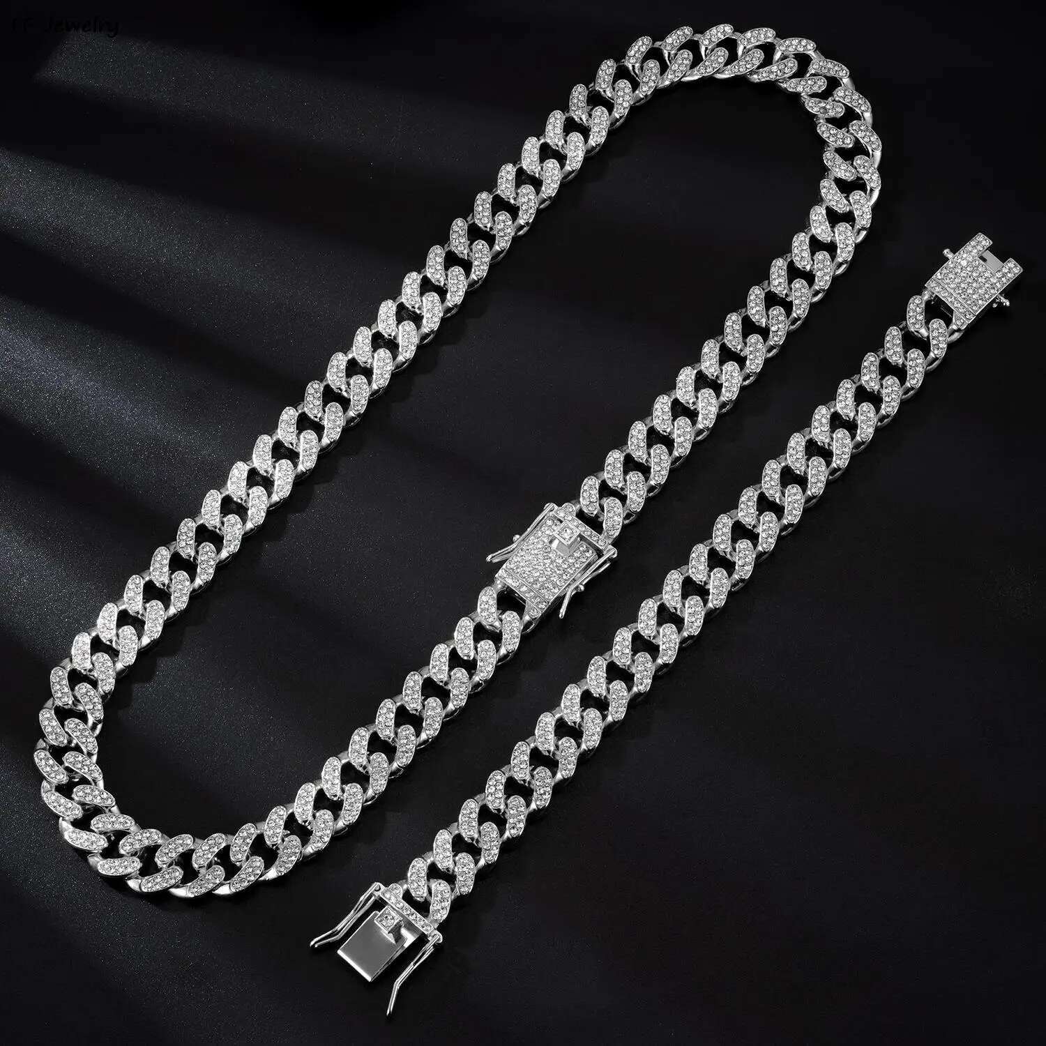 12mm set of Men Women Hip Hop Iced Out Bling Prong Cuban Chain Necklace Paved Rhinestone Link Chain Choker Necklace Men Jewelry