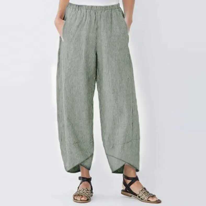 Womens harem pants retro cotton linen elastic waist wide leg Trouser Fe casual solid pocket loose cut pantsXJ250403