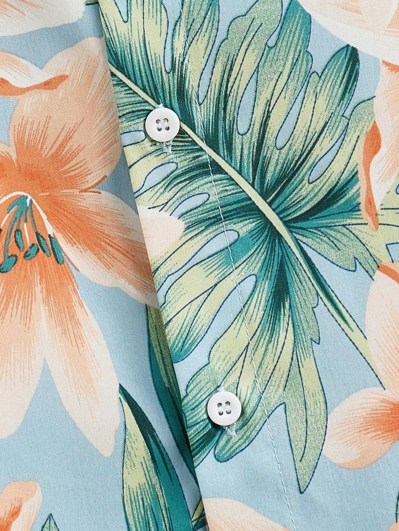 Coconut Tree Fresh Flower Pattern Mens Short-sleeved Button Lapel Shirt Summer Seaside Beach Vacation Hawaiian Style Shirt W250627