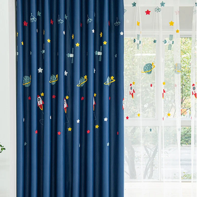 Childrens cartoon spaceship power outage curtains rocket embroidery blue childrens curtains 250409