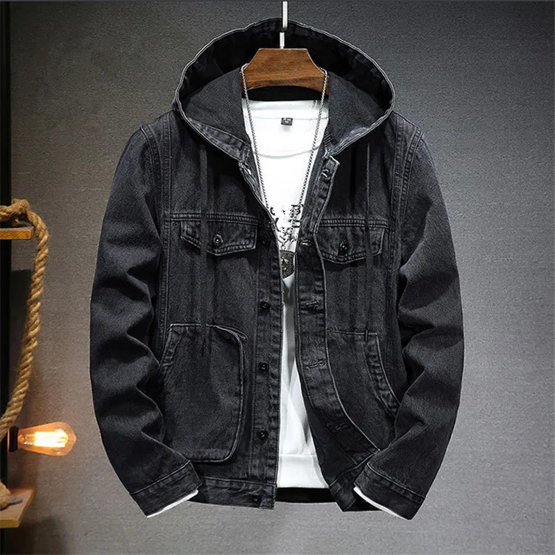 Spring and autumn mens hooded denim jacket windproof casual large pocket sports solid fashion streetwear 250409