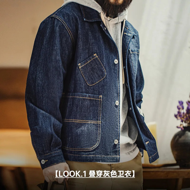 Maden retro asymmetrical four pocket n mens denim jacket 14OZ single breasted lapel autumn work 250409