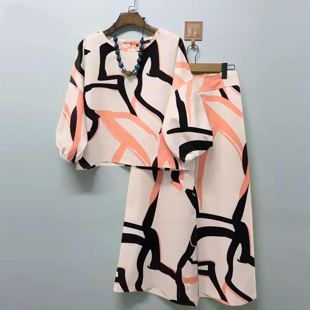2025 Spring New Women's Geometric Print Casual Matching Bohemian Top Wide-Leg Pants 2-Piece Set